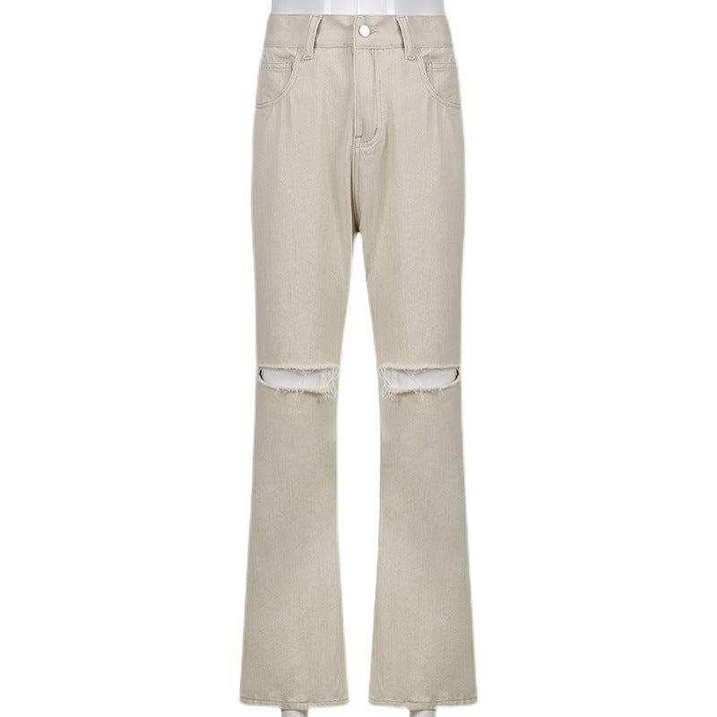 Casual Wide-leg Pants Ripped High-waist Denim Trousers