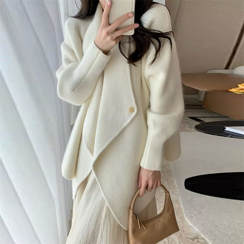 Lapel Simple Style Mid-length Knitted Cardigan