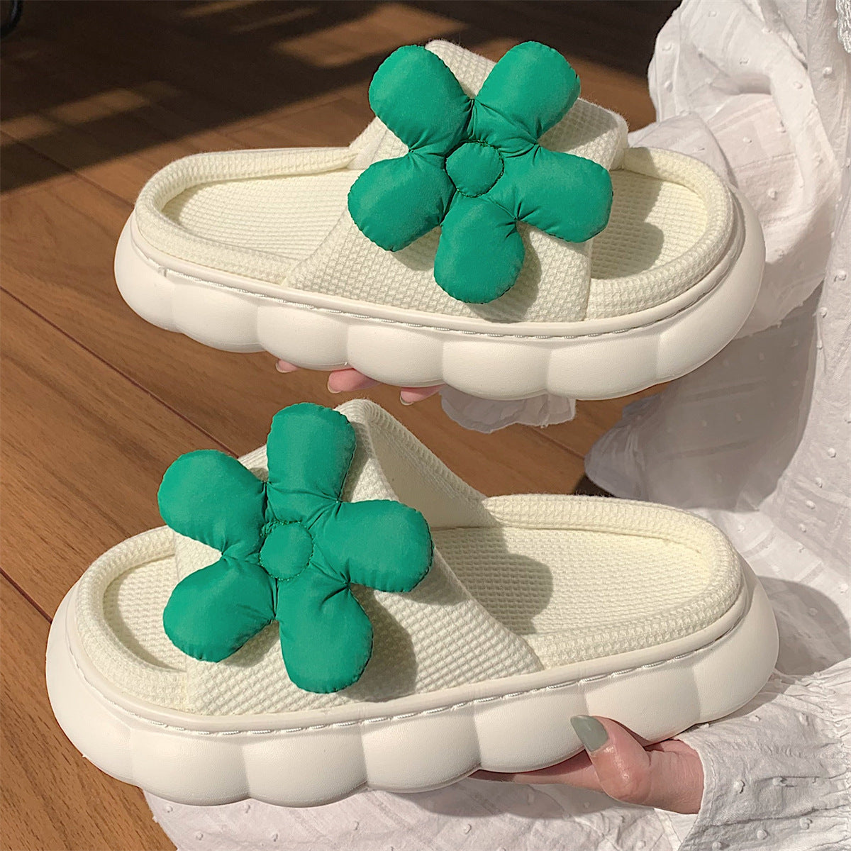 Ins Fashion Fairy Style Small Green Flower Linen Slippers All-season