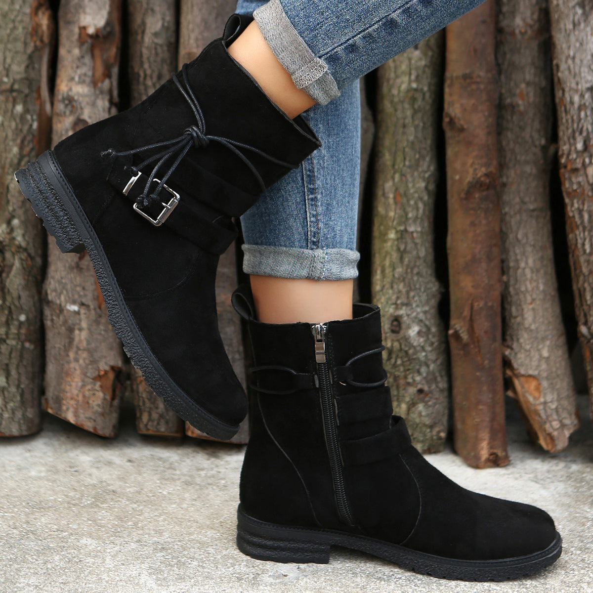 Round Toe Side Zipper Low Heel Plus Size Short Boots