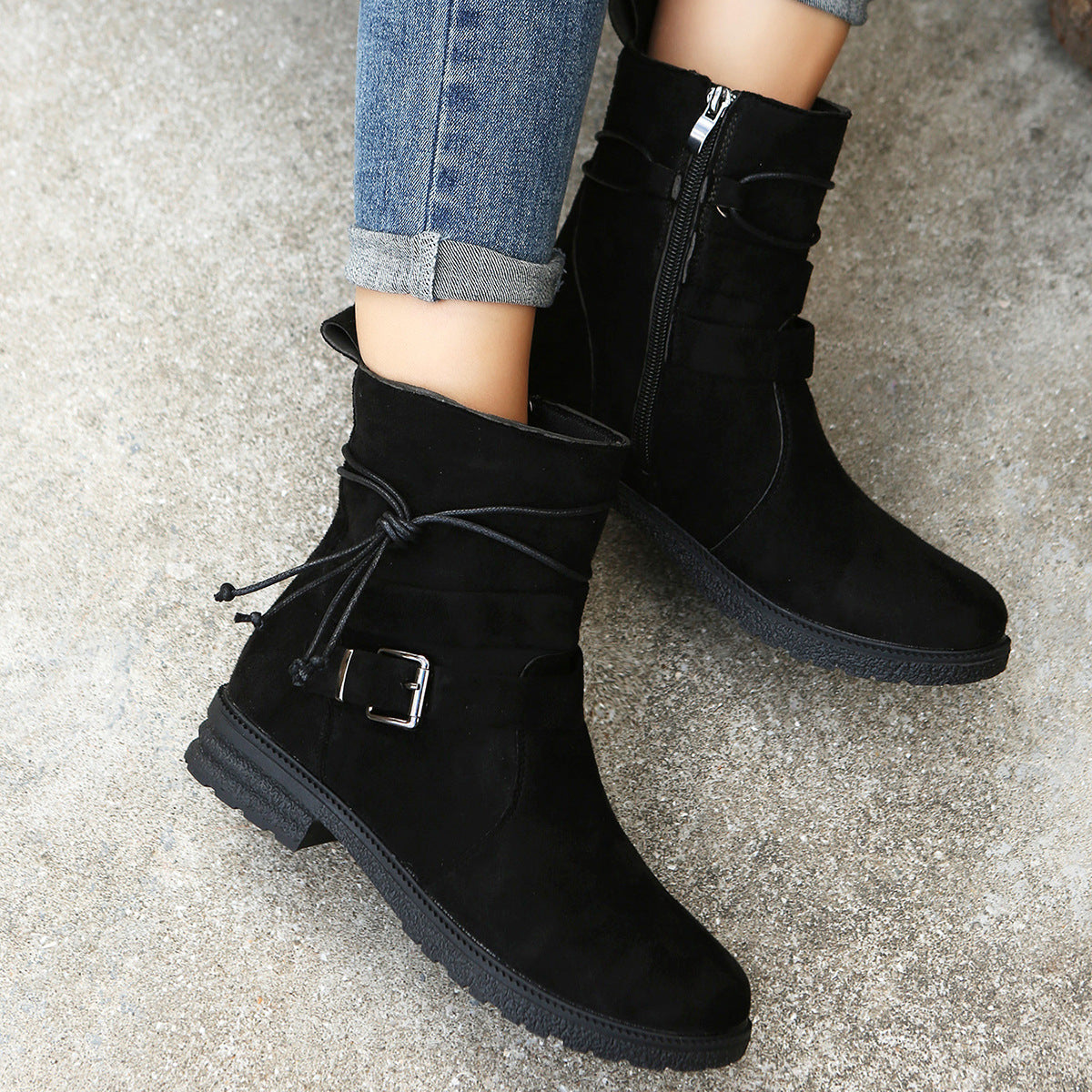 Round Toe Side Zipper Low Heel Plus Size Short Boots