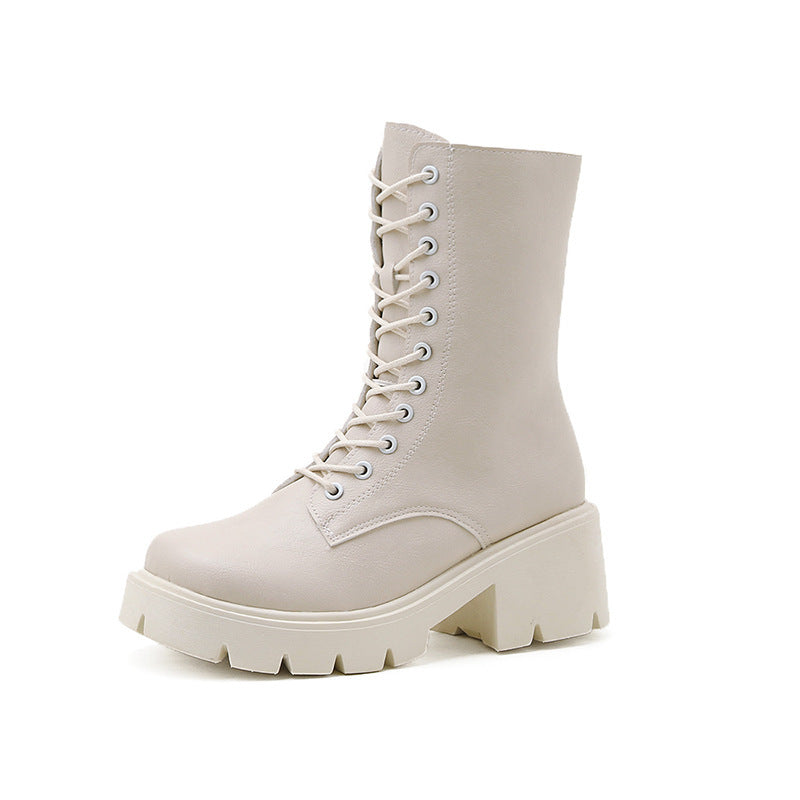 Women's Cool White English Style Thick Sole Spring And Autumn Single Boots