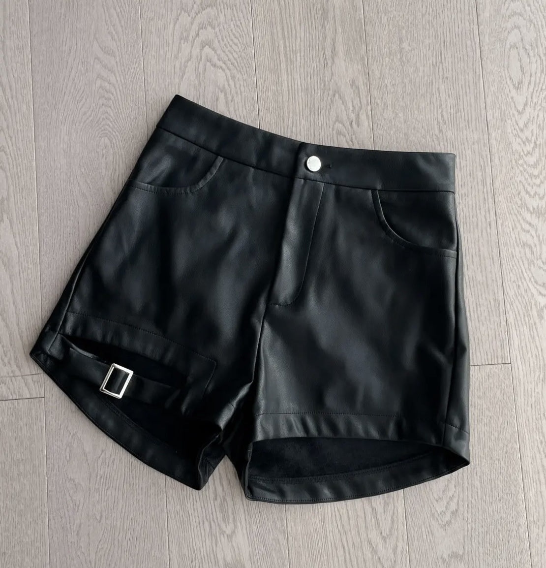 Black Buckle Washed Leather Shorts For Women