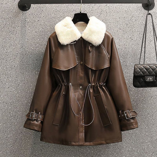 Fashion Temperament Fleece-lined Leather Coat