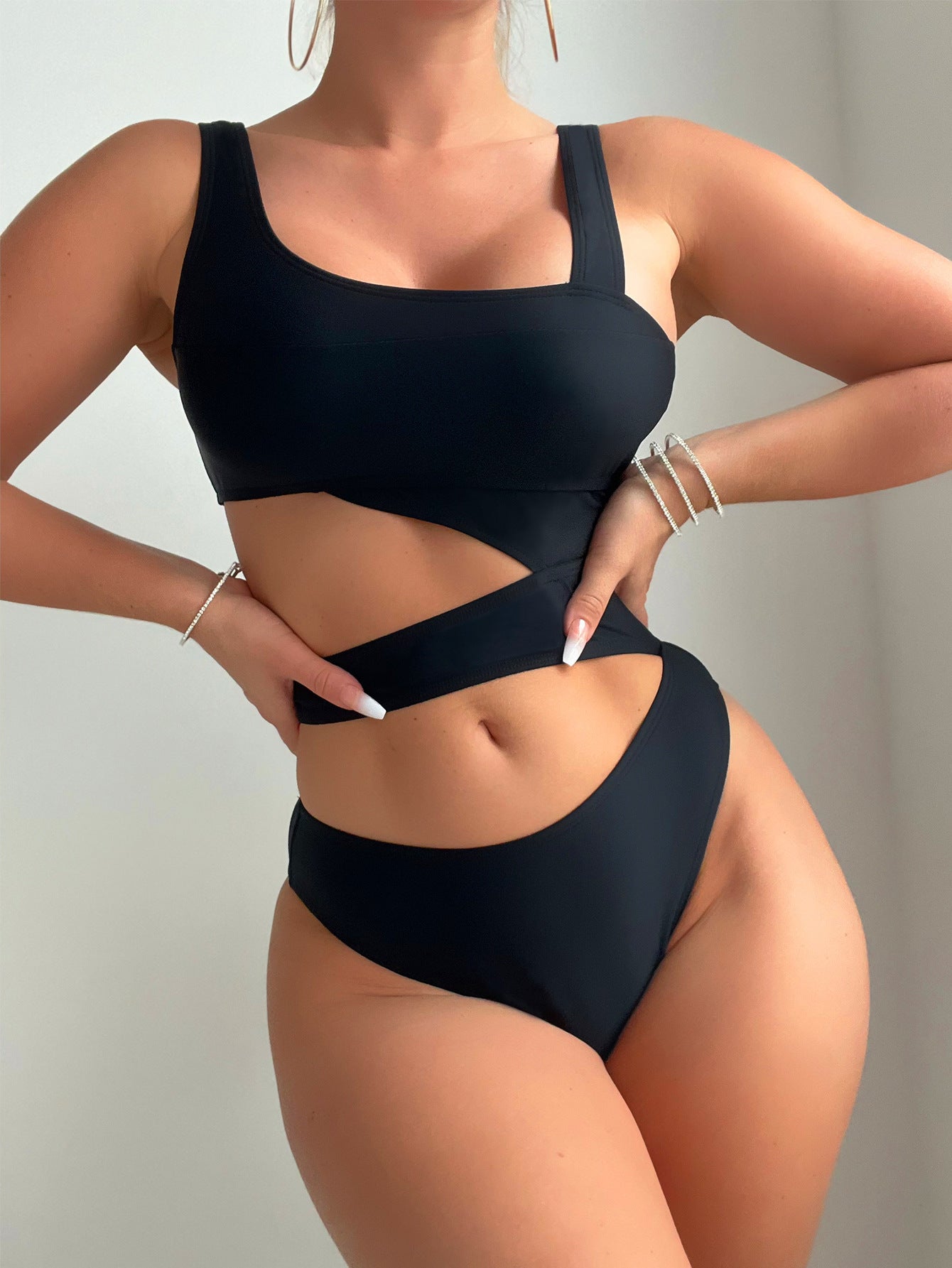 New Solid Color Hollow High Cut Sexy Siamese Swimsuit