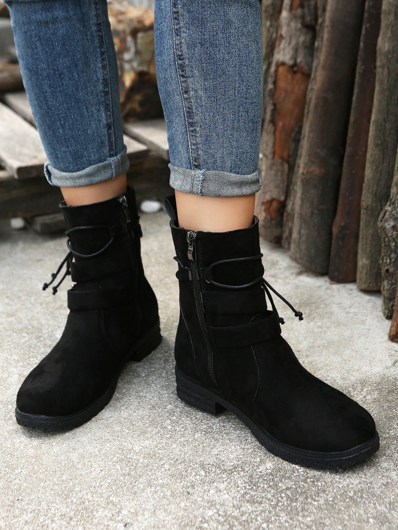 Round Toe Side Zipper Low Heel Plus Size Short Boots