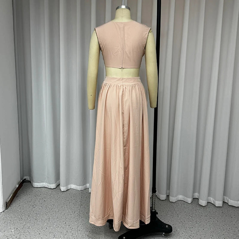 Summer Round Neck Sleeveless Midriff-baring Top High Waist Irregular Skirt Suit