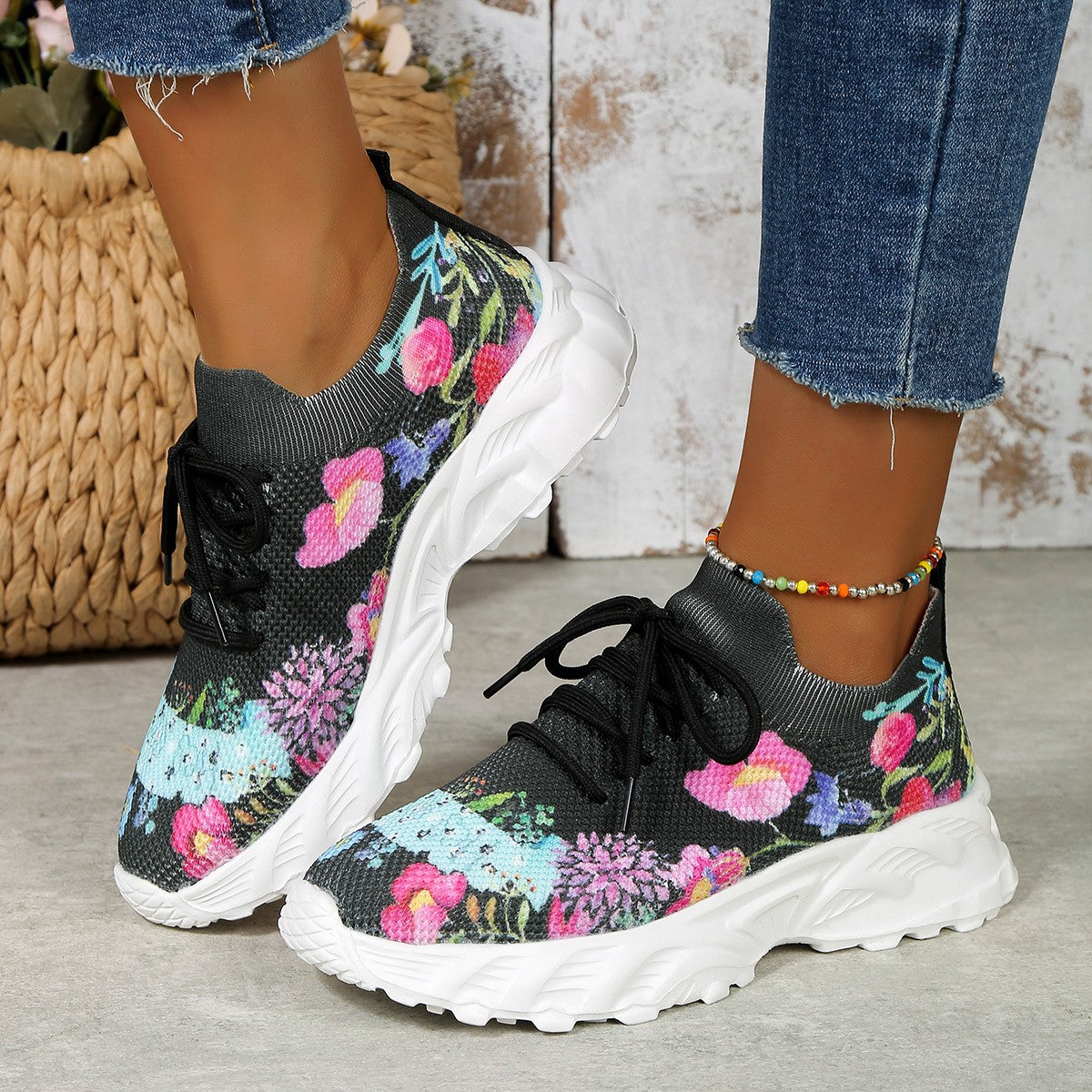 Sports Shoes Flowers Print Walking Sneakers Casual Breathable Lace-up Mesh Shoes