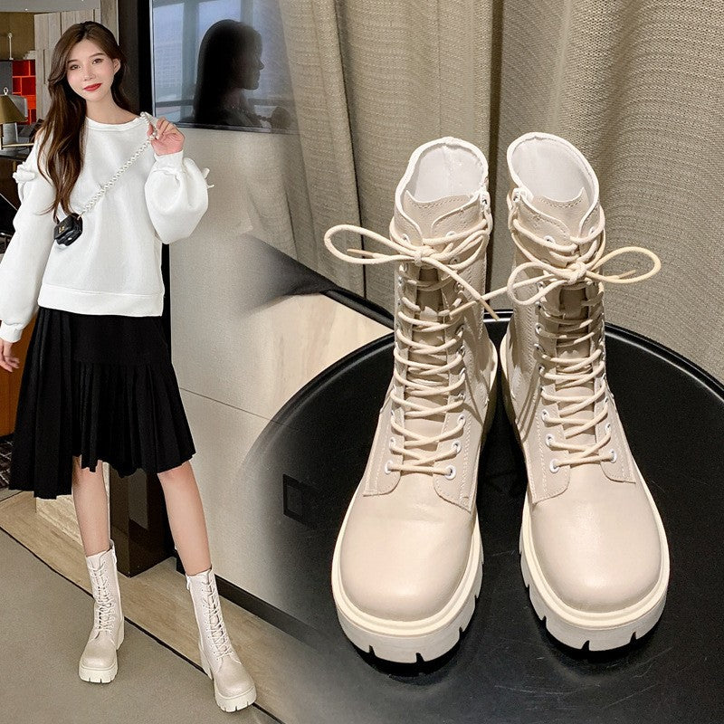 Women's Cool White English Style Thick Sole Spring And Autumn Single Boots