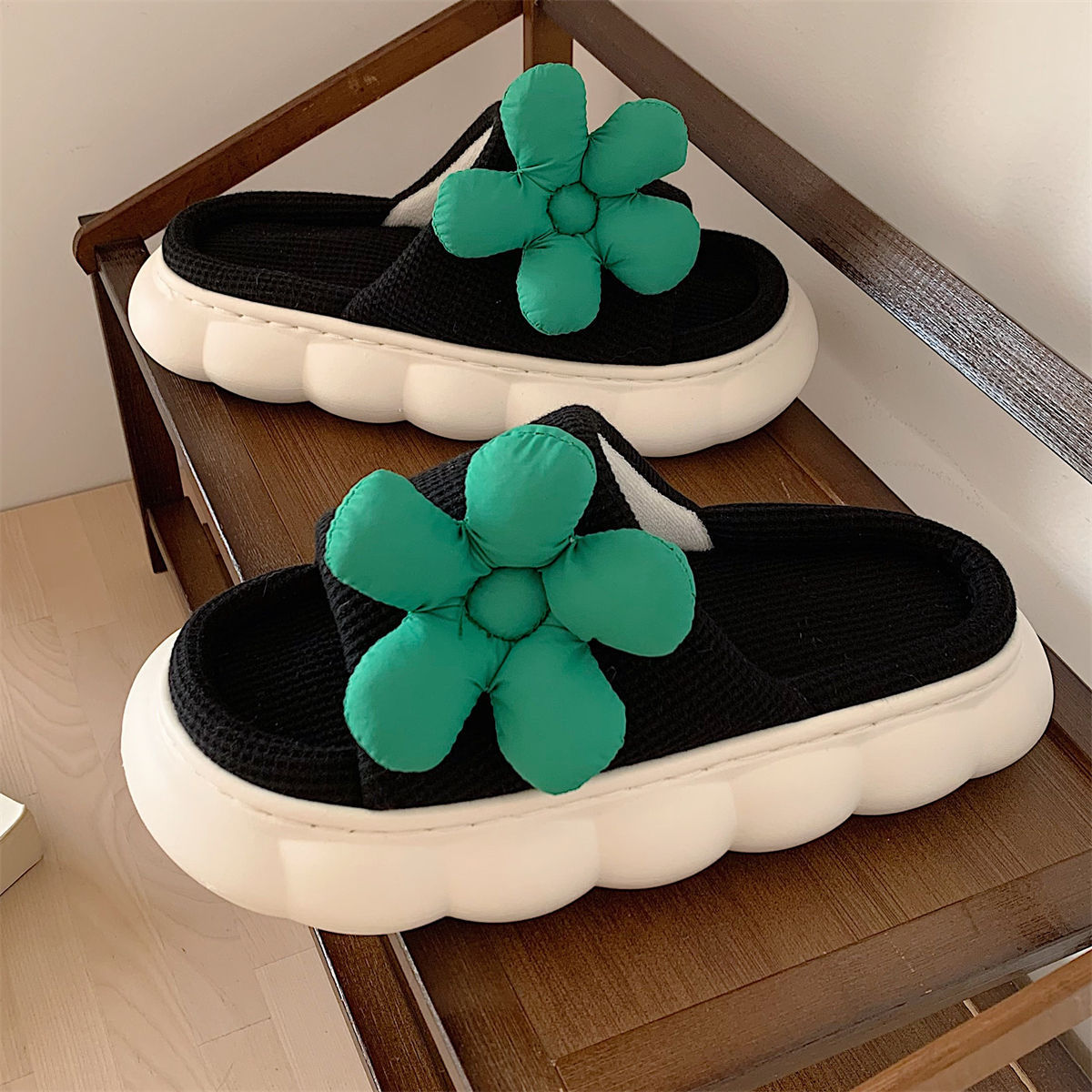 Ins Fashion Fairy Style Small Green Flower Linen Slippers All-season