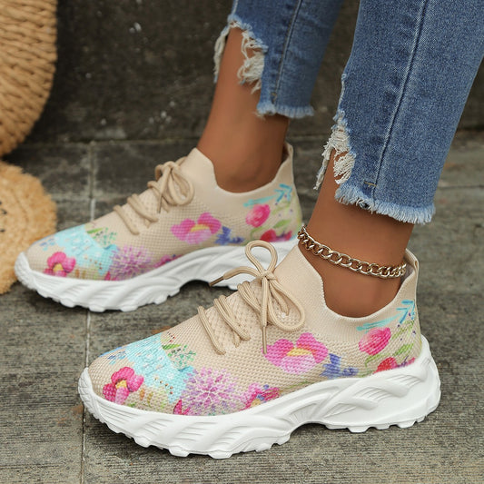 Sports Shoes Flowers Print Walking Sneakers Casual Breathable Lace-up Mesh Shoes