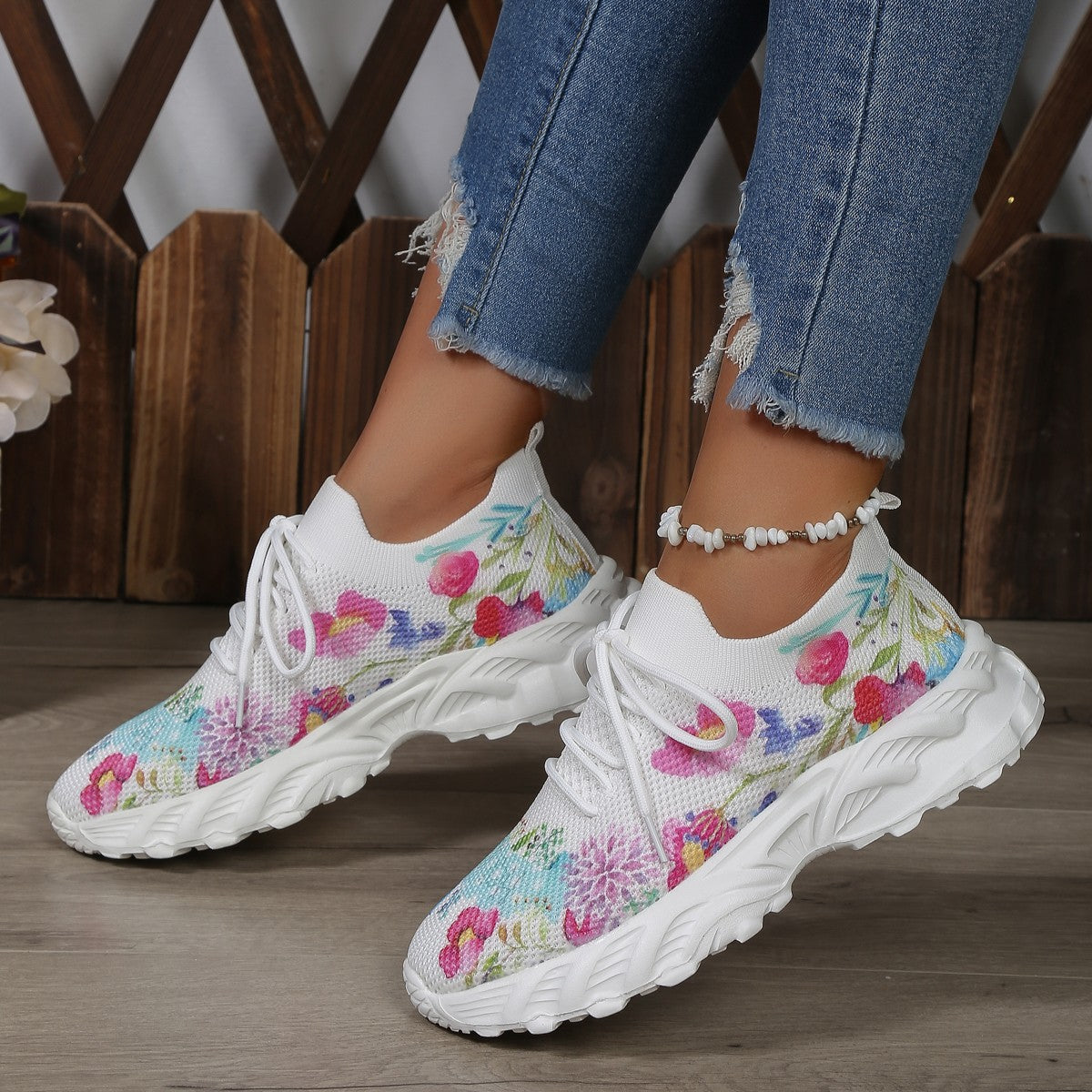 Sports Shoes Flowers Print Walking Sneakers Casual Breathable Lace-up Mesh Shoes