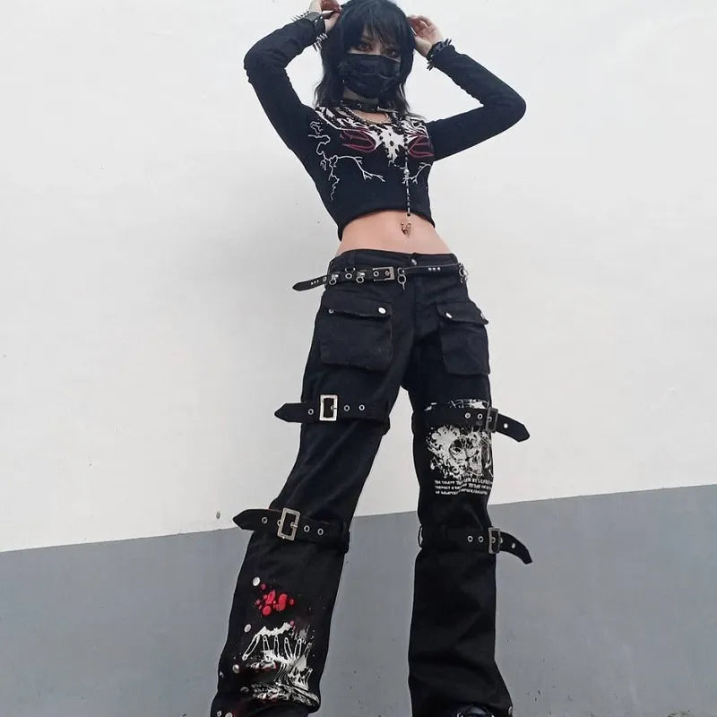 E-girl Gothic Black Cargo Pants Harajuku