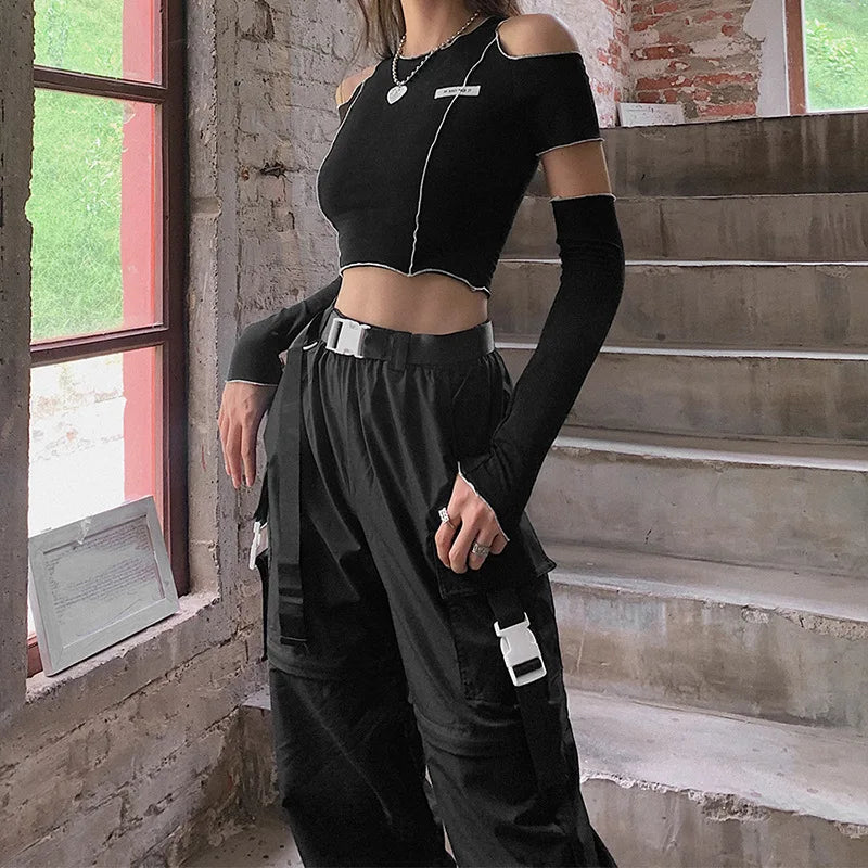 Gothic Patchwork Black T-Shirts One Shoulder Sleeve Techwear Women's T-Shirts 