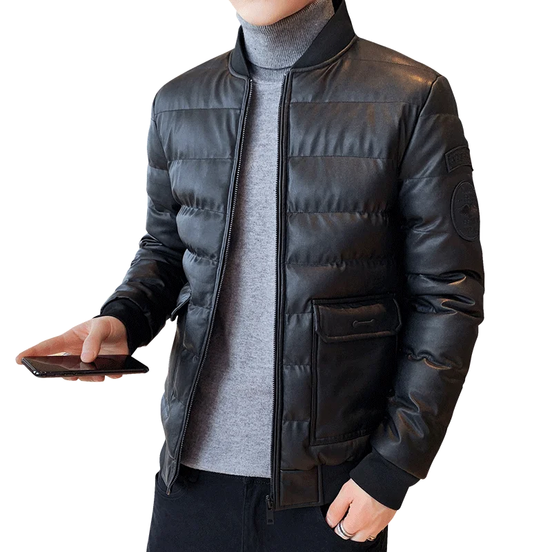 Men's Leather Coat Winter Down Baseball Jackets Parkas Coat Fashion Casual Fleece Thicken PU Jacket Biker Warm Leather 