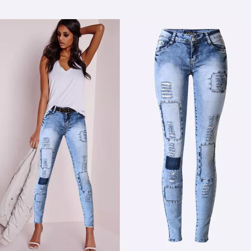 Estilo de verão cintura baixa céu azul retalhos calças justas mulheres lápis jeans alta estiramento sexy push up denim moda feminina jeans