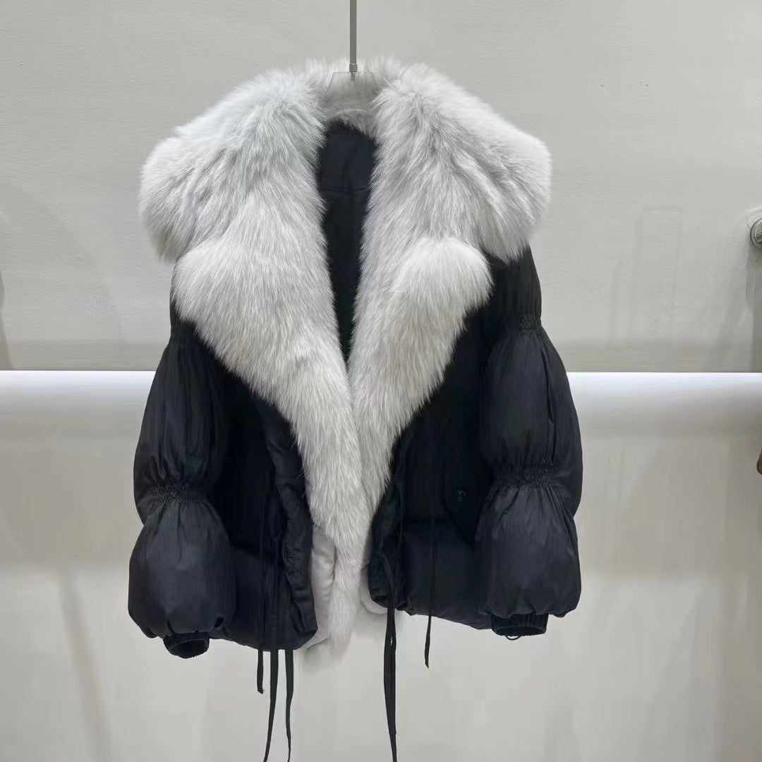 Short Loose Big Fur Collar White Duck Down Jacket Women's Coat 