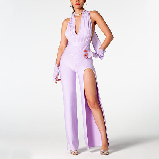 Summer Backless Halter V-neck Slimming Backless Slit Jumpsuit