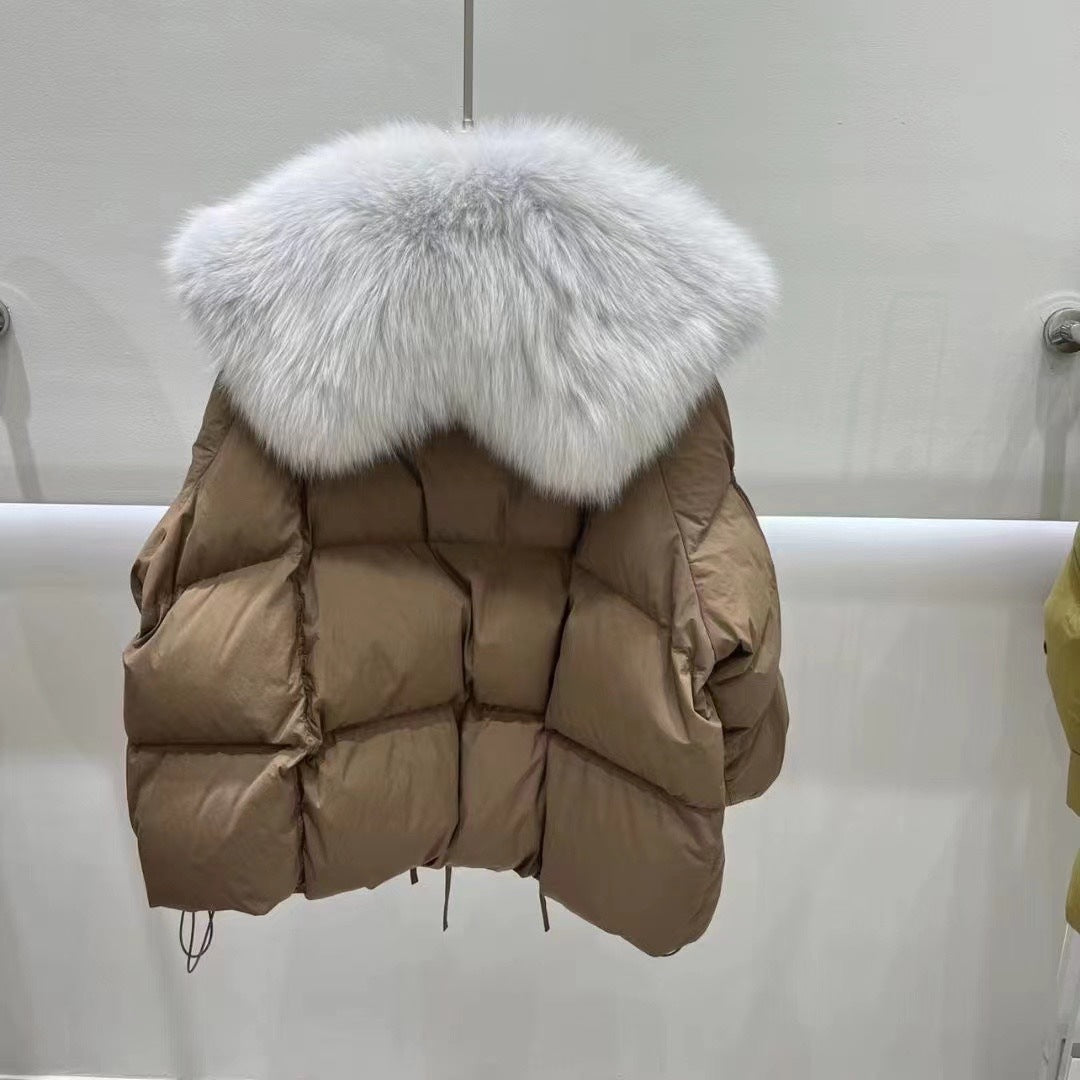 Short Loose Big Fur Collar White Duck Down Jacket Women's Coat 