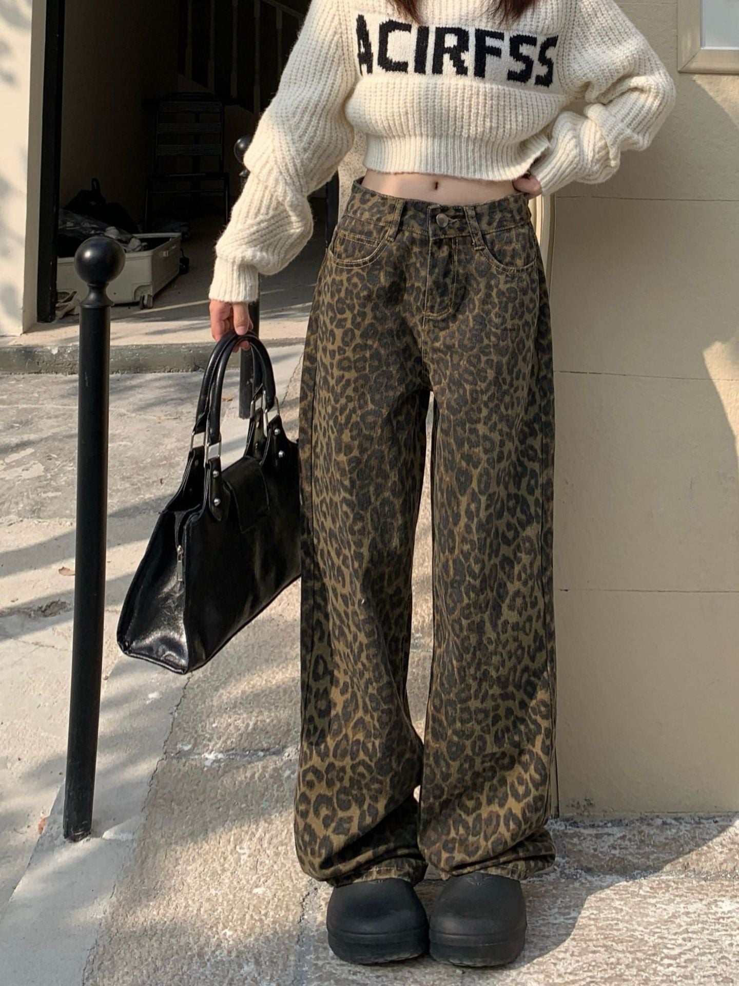 Leopard Print All-matching Jeans Loose Straight Casual Wide-leg Pants