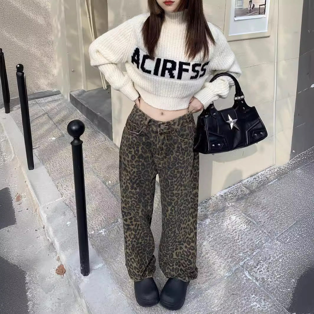 Leopard Print All-matching Jeans Loose Straight Casual Wide-leg Pants