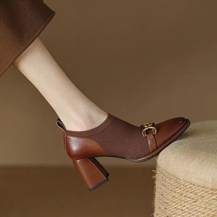 Women's Fashion French Retro Soft Leather Square Toe High Heels