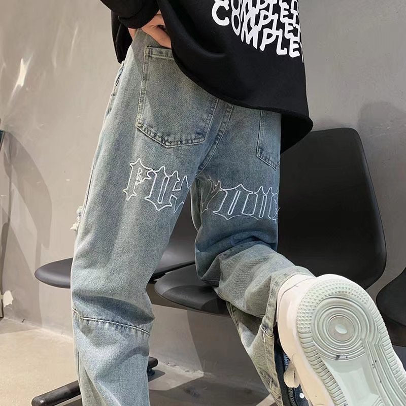 Men's Letter Embroidery Loose Straight Pants