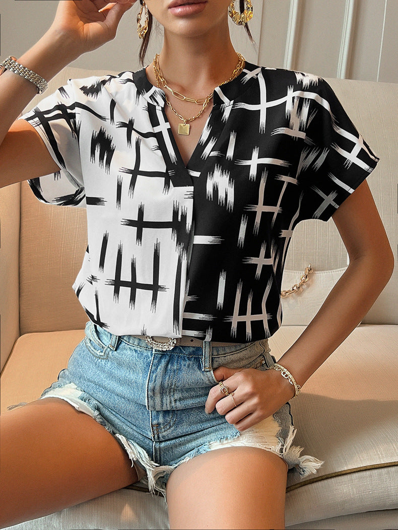 Women's Fashion Temperament Leisure Contrast Color Short Sleeve Top