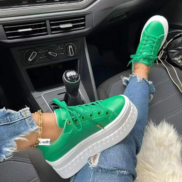 Women Leather Platform Shoes Fashion Solid Color Thick Heel Sneakers Casual Flat Sports Shoes Designer Shoes Zapatillas Mujer 