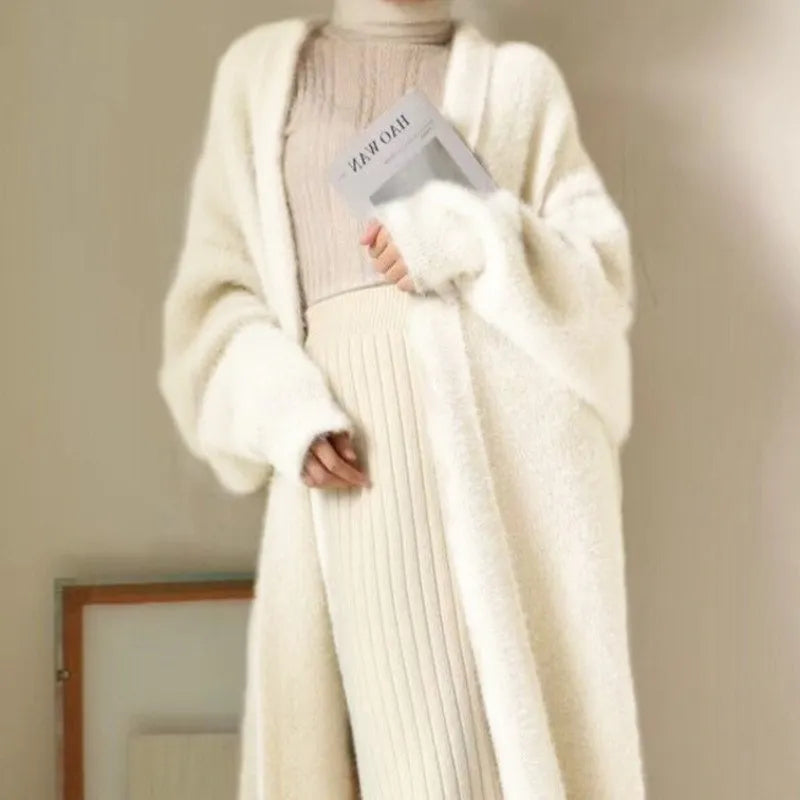 Cardigan longo branco para mulheres, roupas de inverno 2023, malha fofa, manga comprida, suéter de caxemira, casaco estilo coreano, quente, vintage