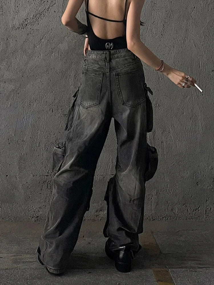 Mulheres baggy y2k goth cyber punk denim calças de carga mãe jeans grunge escuro academia harajuku moda empilhados jeans hip-pop