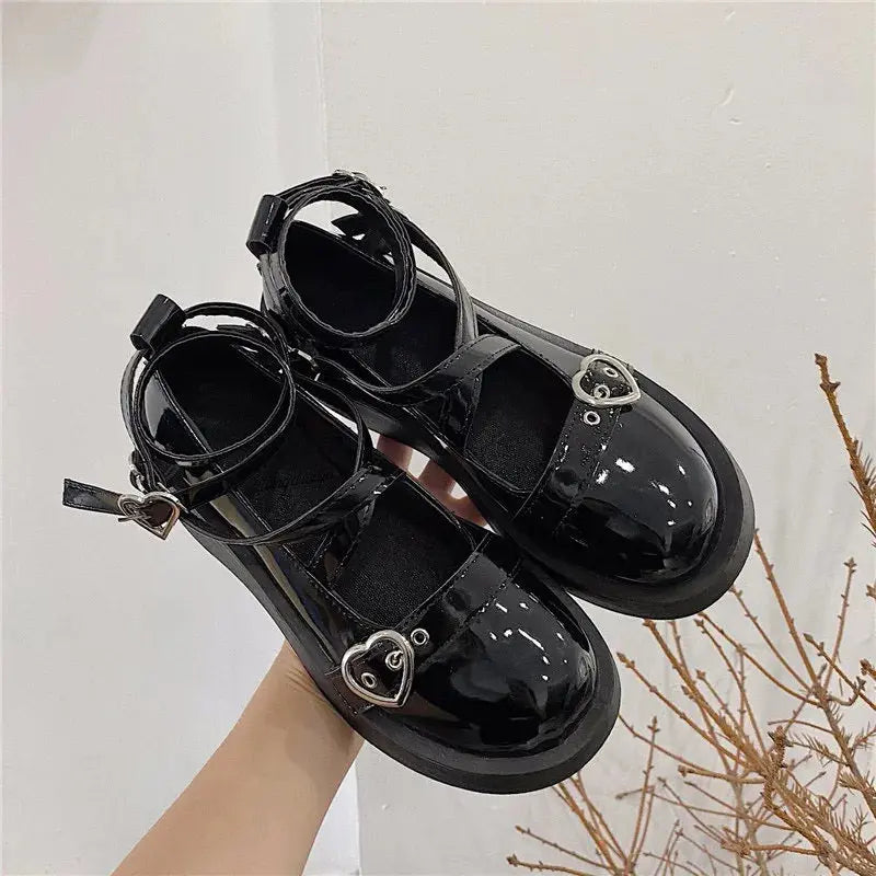 Lolita Shoes Women Heels Platform Mary Janes Star Buckle Strap Mary Janes Female Cross-tied Girls Rivet Casual Kawaii Shoes