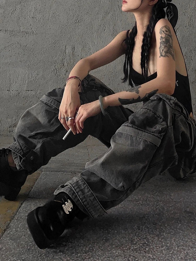 Mulheres baggy y2k goth cyber punk denim calças de carga mãe jeans grunge escuro academia harajuku moda empilhados jeans hip-pop