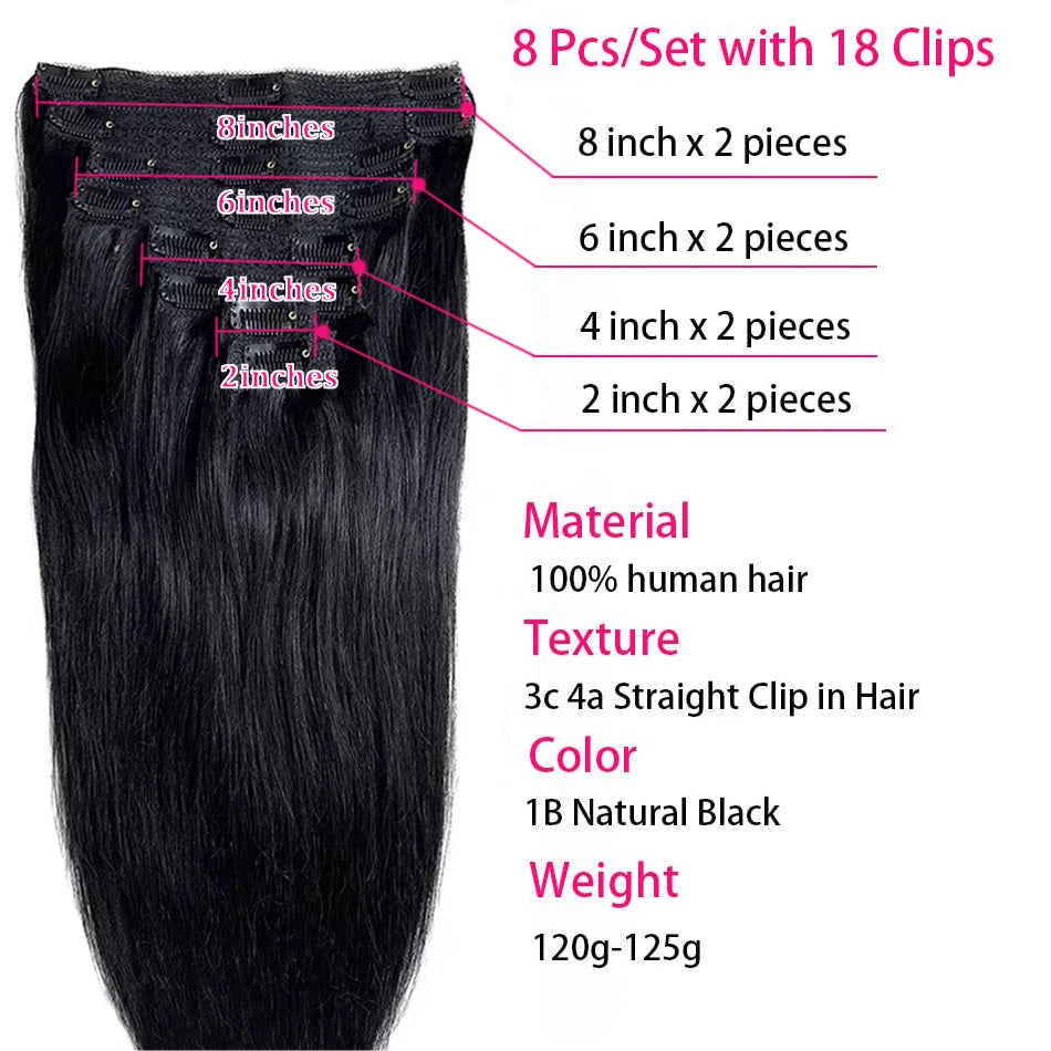 120g 8 pçs/sets clipe em extensões de cabelo humano 10 a 26 Polegada brasileiro remy cabelo reto natural preto 4 613 cores para mulher