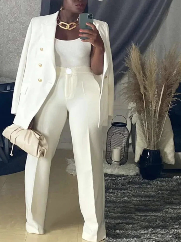 Elegant Women Blazer Sets Buttons White Wide Leg Pant Suits Autumn Fashion Casual Professional Office Business Clothes New 