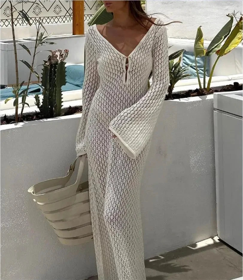 Sexy Women Long Mesh Beach Dress Hollow-out Deep V-neck Long Sleeve Bikini Cover-ups Dress Autumn Backless Holiday Dress 