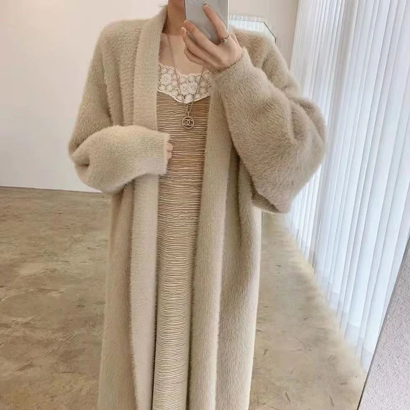 Cardigan longo branco para mulheres, roupas de inverno 2023, malha fofa, manga comprida, suéter de caxemira, casaco estilo coreano, quente, vintage