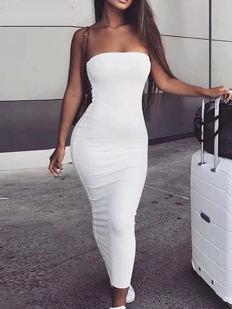 Off Shoulder Strapless Sexy Dress Women Sleeveless Straight Long Bodycon Dress Backless Casual Summer Party Dress Women 