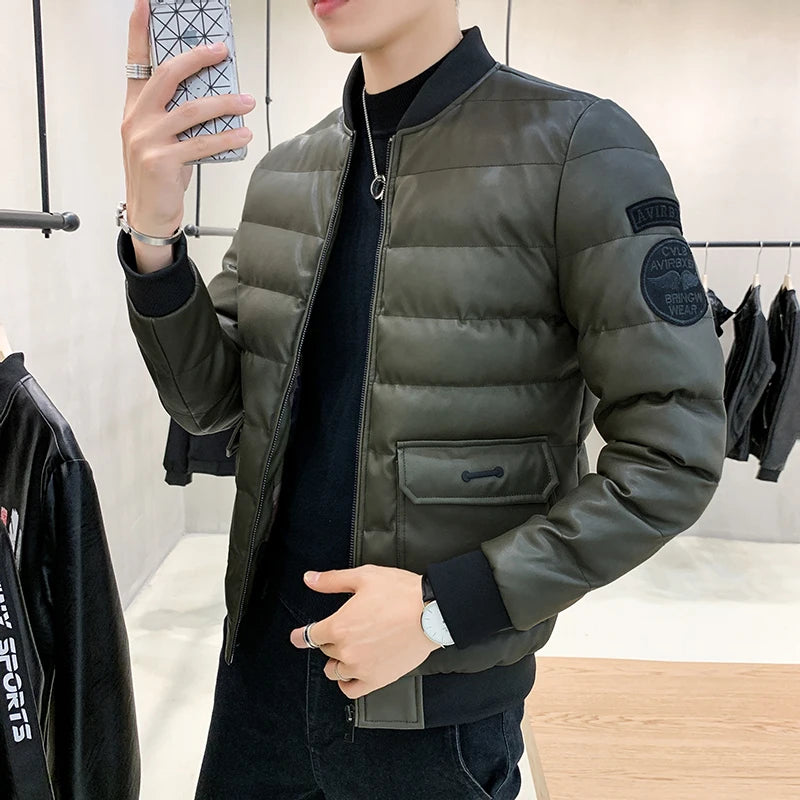 Men's Leather Coat Winter Down Baseball Jackets Parkas Coat Fashion Casual Fleece Thicken PU Jacket Biker Warm Leather 