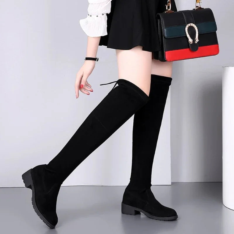 Suede Over The Knee High Boots Women Warm Flat Chunky Long Boots Comfortable Autumn Winter 2024 New Designer Black Stretch Thigh High Boots 