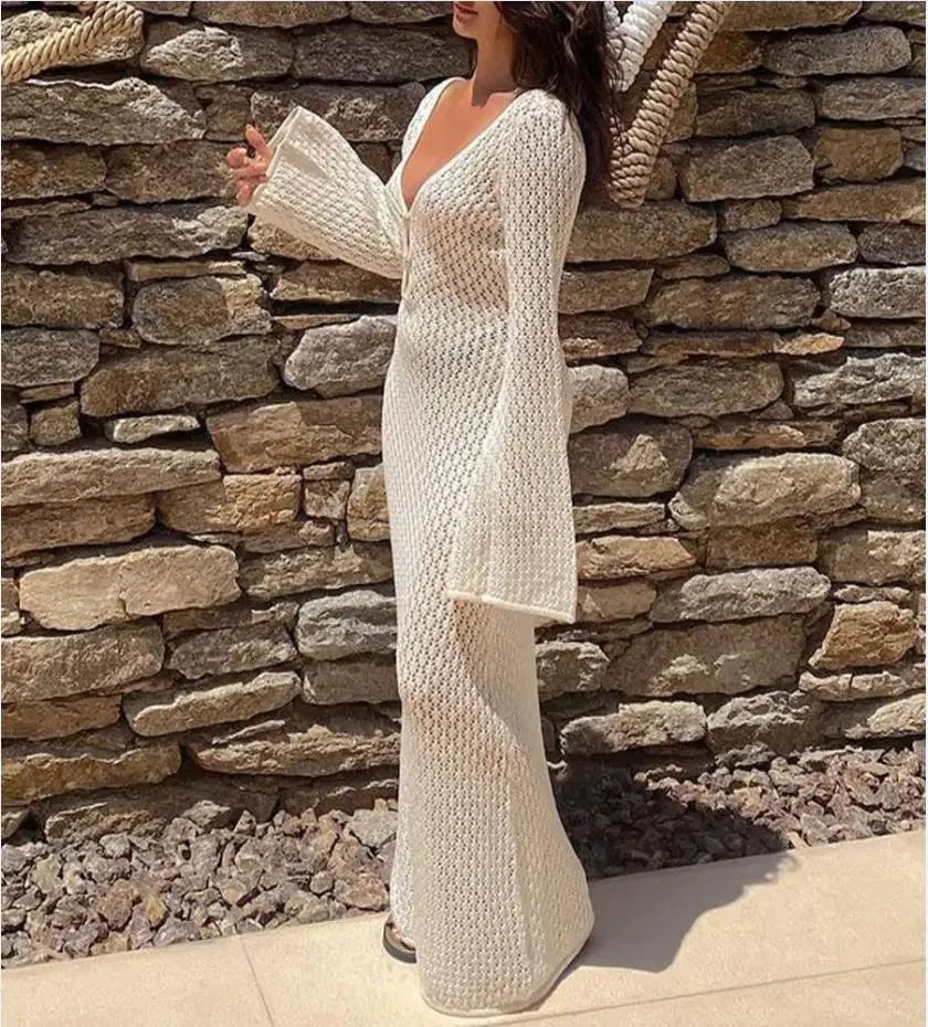 Sexy Women Long Mesh Beach Dress Hollow-out Deep V-neck Long Sleeve Bikini Cover-ups Dress Autumn Backless Holiday Dress 