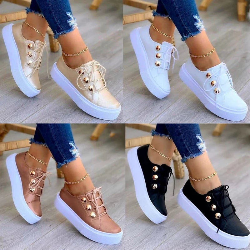 Summer White Shoes Women Fashion Round Toe Platform Shoes Plus Size Casual Sneakers Lace Up Flats Slip on Sneakers 