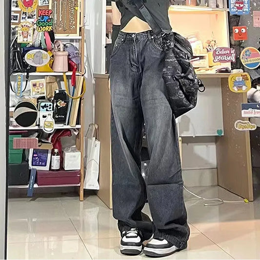 Vintage streetwear preto baggy jeans coreano cintura alta oversize calças de perna larga grunge denim calças y2k alt roupas