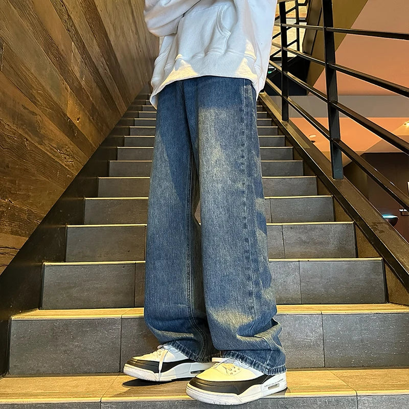 Black/Blue Spring New Straight Jeans Men Women Wide Leg Denim Skateboard Pants Fashion Boyfriend Trousers Male 