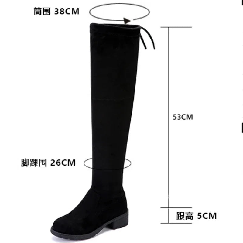 Suede Over The Knee High Boots Women Warm Flat Chunky Long Boots Comfortable Autumn Winter 2024 New Designer Black Stretch Thigh High Boots 