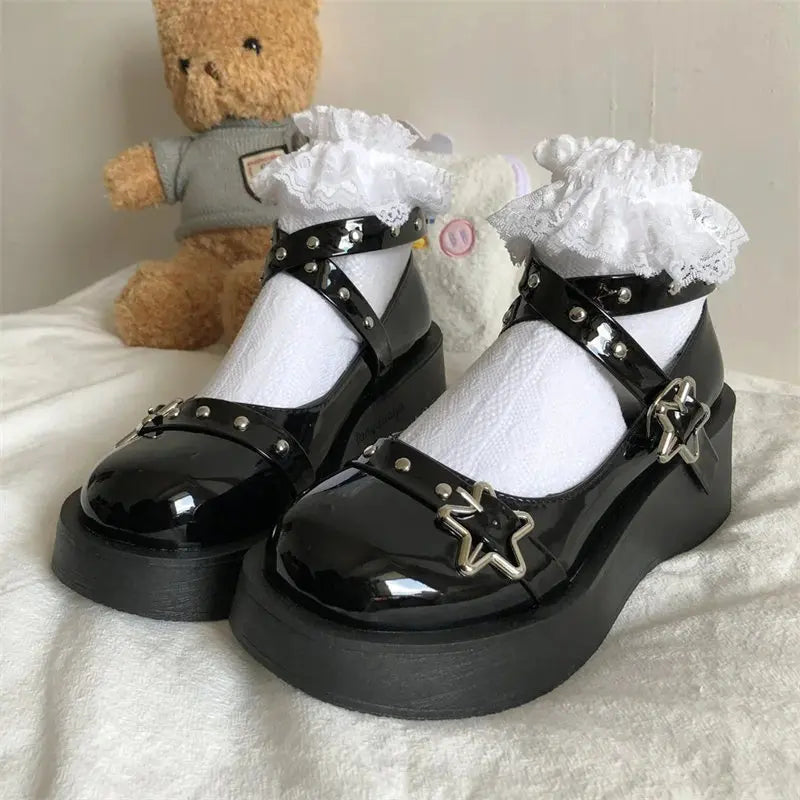 Lolita Shoes Women Heels Platform Mary Janes Star Buckle Strap Mary Janes Female Cross-tied Girls Rivet Casual Kawaii Shoes