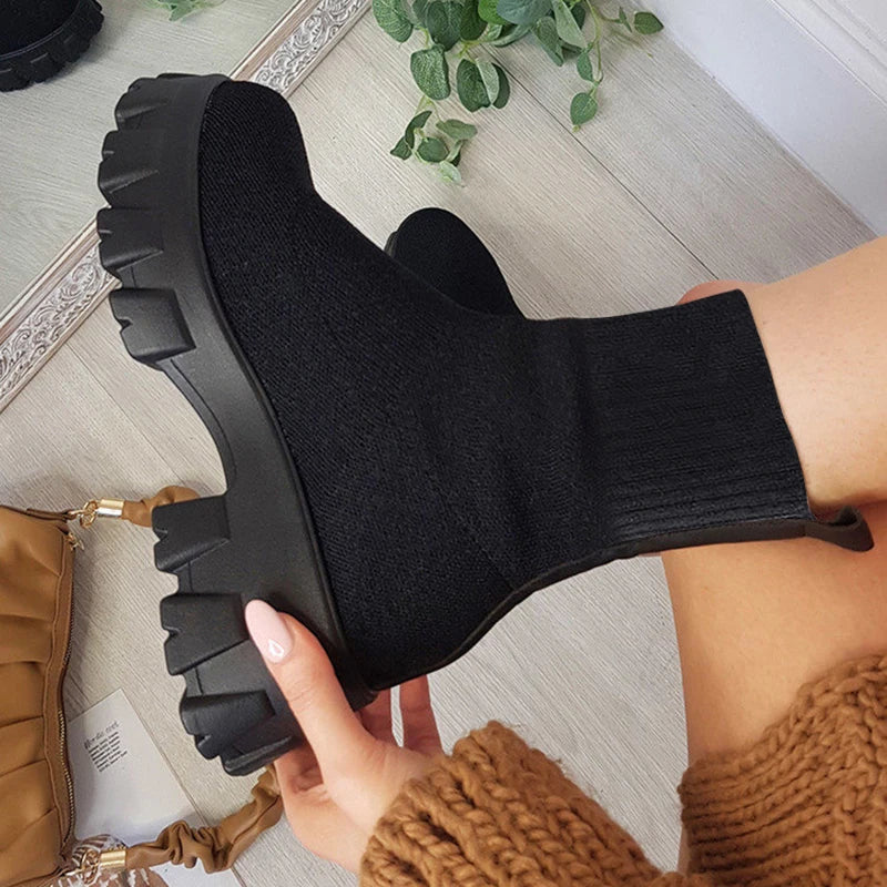 Women's Shoes Mesh Sock Boots Women's Thick-soled Short Tube Breathable Plus Size 43 Boots Platform Heels 