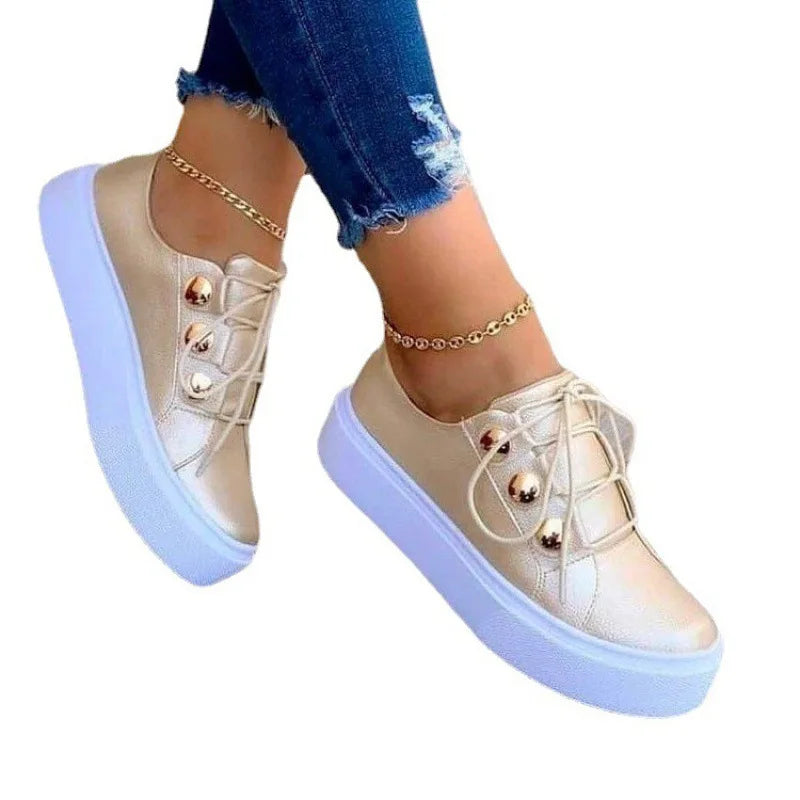 Summer White Shoes Women Fashion Round Toe Platform Shoes Plus Size Casual Sneakers Lace Up Flats Slip on Sneakers 