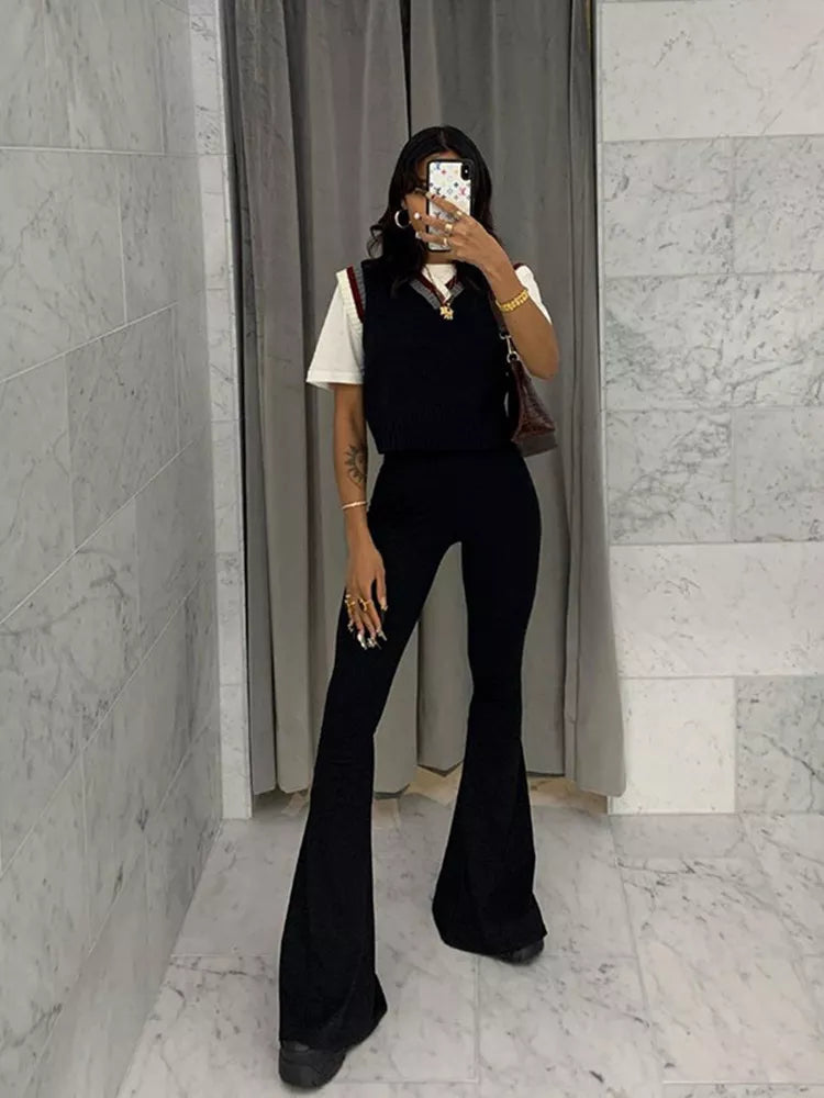 Solid Black Woman Pants Slim Fitting High Waist Streetwear Casual Flare Pants Female Clothes Full Length Pants Capris 