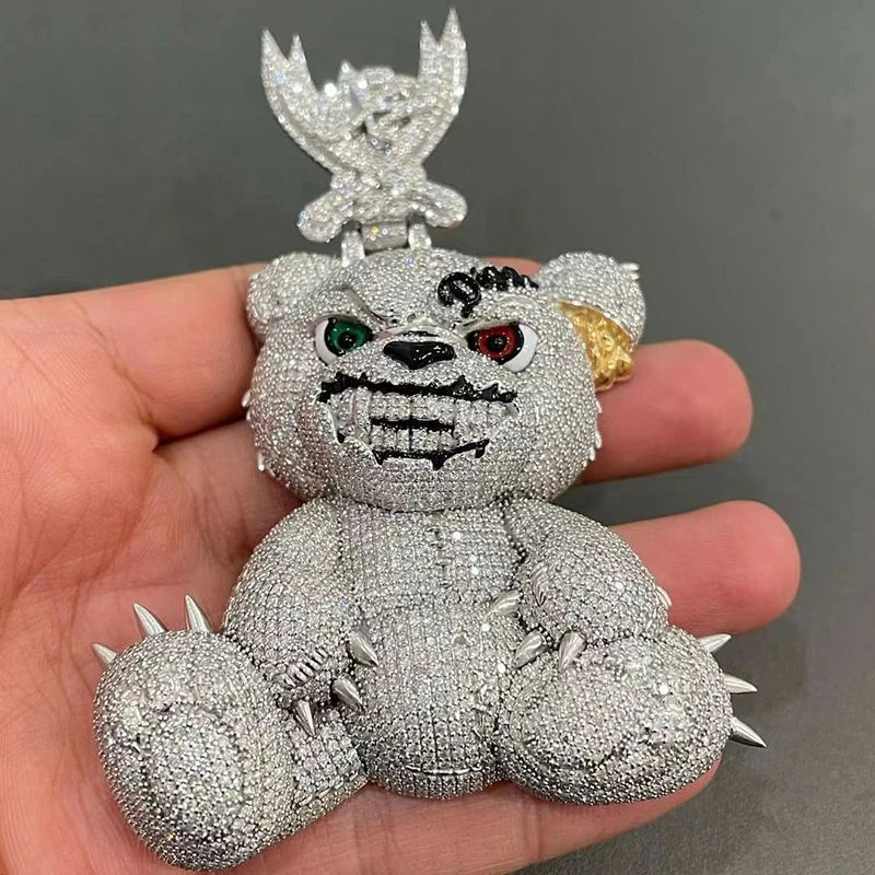 Jewe personalizado 3d urso encantos hip hop rapper jóias 925 prata esterlina real banhado a ouro pingente gelado colar masculino corrente